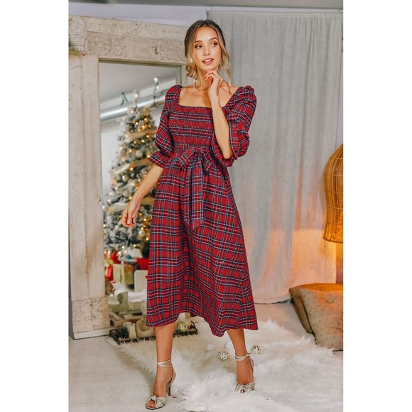 Cupshe Dresses & Skirts - Burgundy Belted Tartan Plaid Maxi Dress